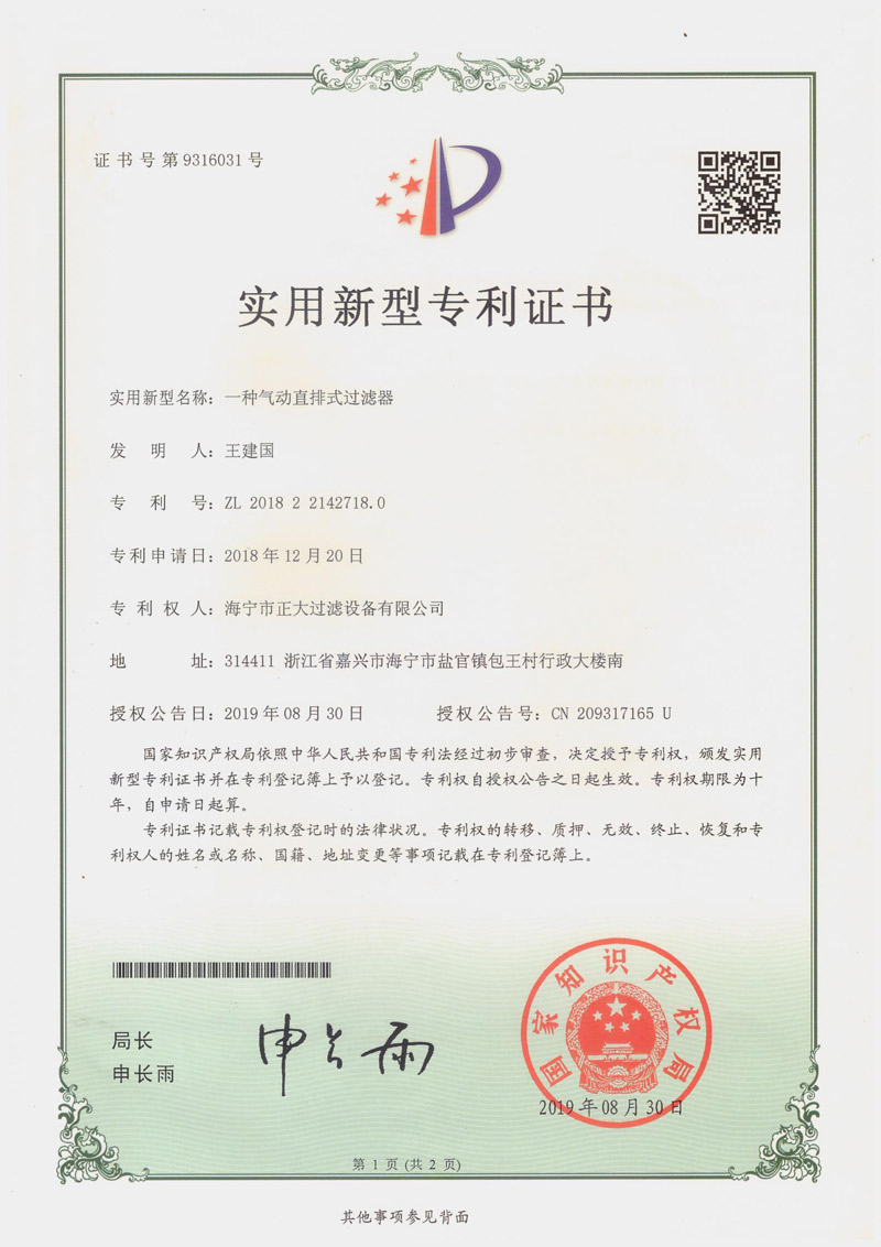 氣動(dòng)直排式過(guò)濾器專利