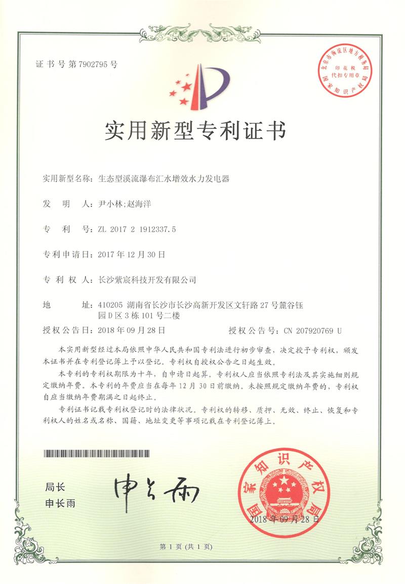生態(tài)型溪流瀑布匯水增效水力發(fā)電器（ZL201721912337.5）