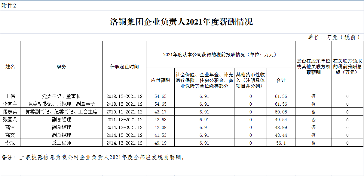 洛銅集團(tuán)公司企業(yè)負(fù)責(zé)人2021年度薪酬情況