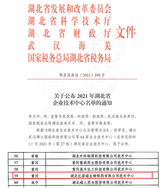 快讯:亿诺瑞经认定为湖北省企业技术中心 快讯:亿诺瑞经认定为湖北省企业技术中心