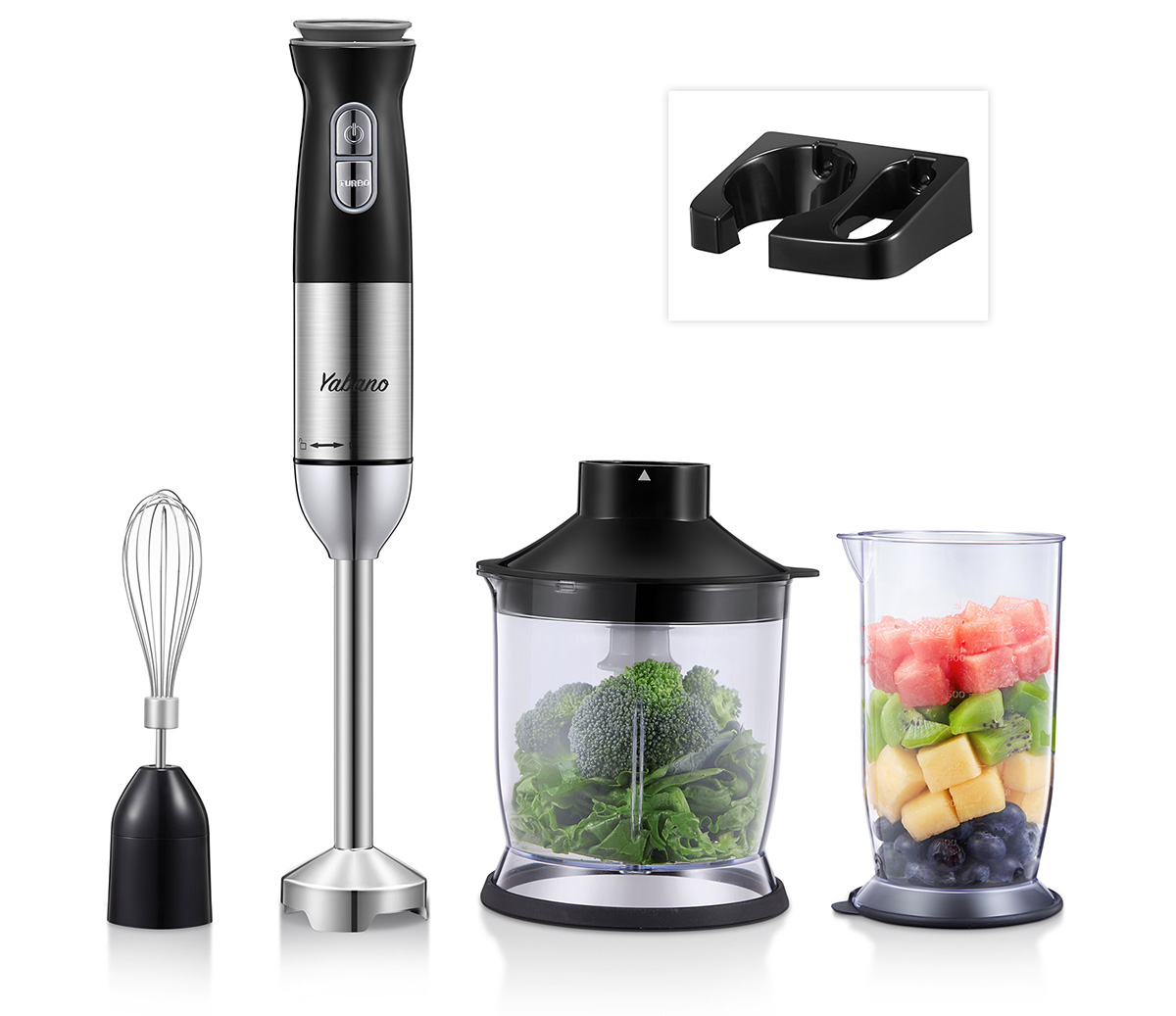 Hand Blender, Yabano Multipurpose 4 in 1 Immersion Blender with 800ml Beaker, Egg Beater and Food Chopper, 12-Speed Stick Blender, Detachable Stainless Steel Blade and Ergonomic Handle, for Baby Food, Juices, Smoothies, Sauces and Soup, BPA Free